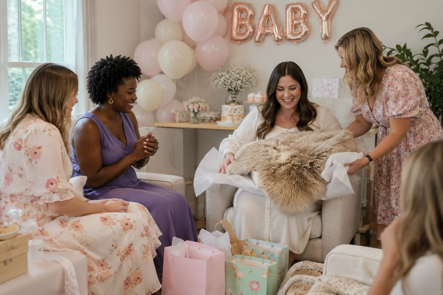 Newborn resting on an East Perry sheepskin, the classic baby shower gift