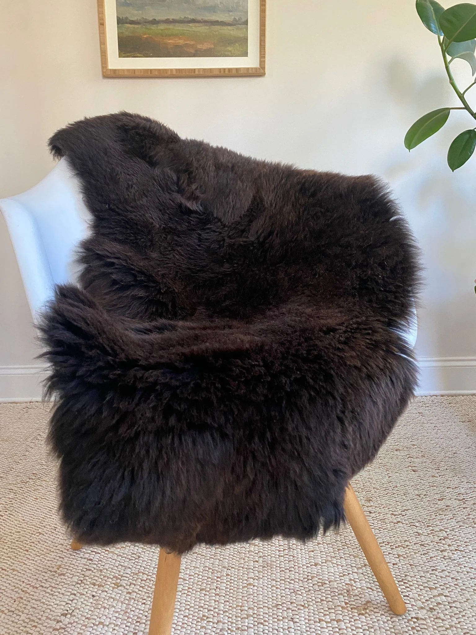 Dark Brown sheepskin rug draped over a chair 