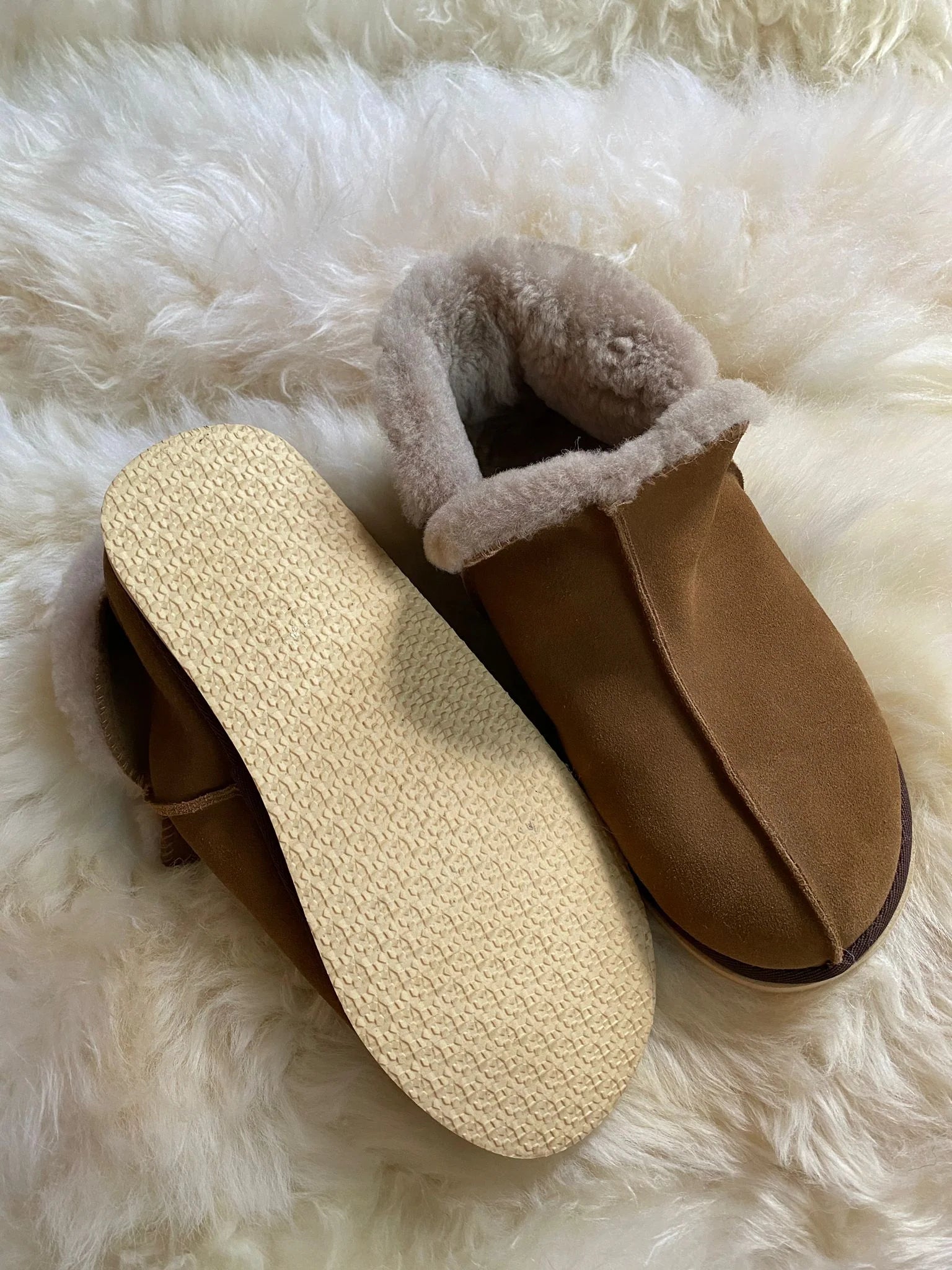 extra roomy genuine sheepskin slipper bottom and top view
