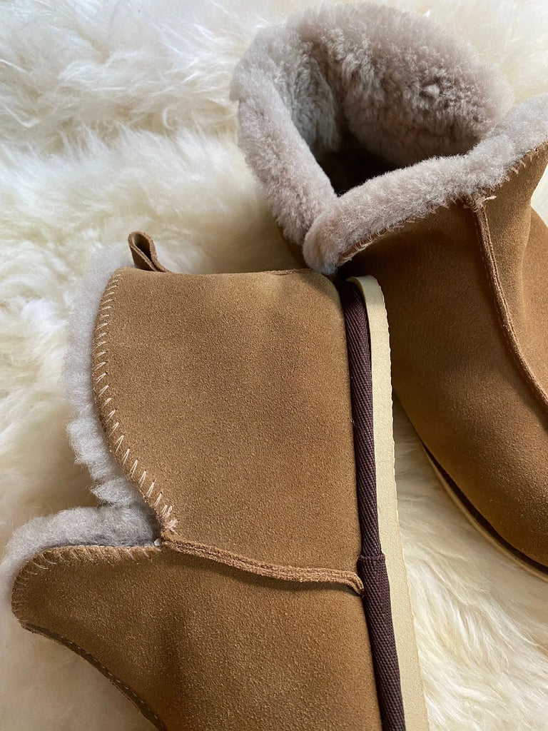 Close-up view of extra roomy genuine sheepskin slipper