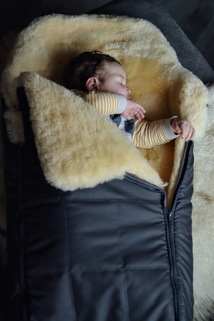 Close-up of soft cream sheepskin lining inside black sleeping bag