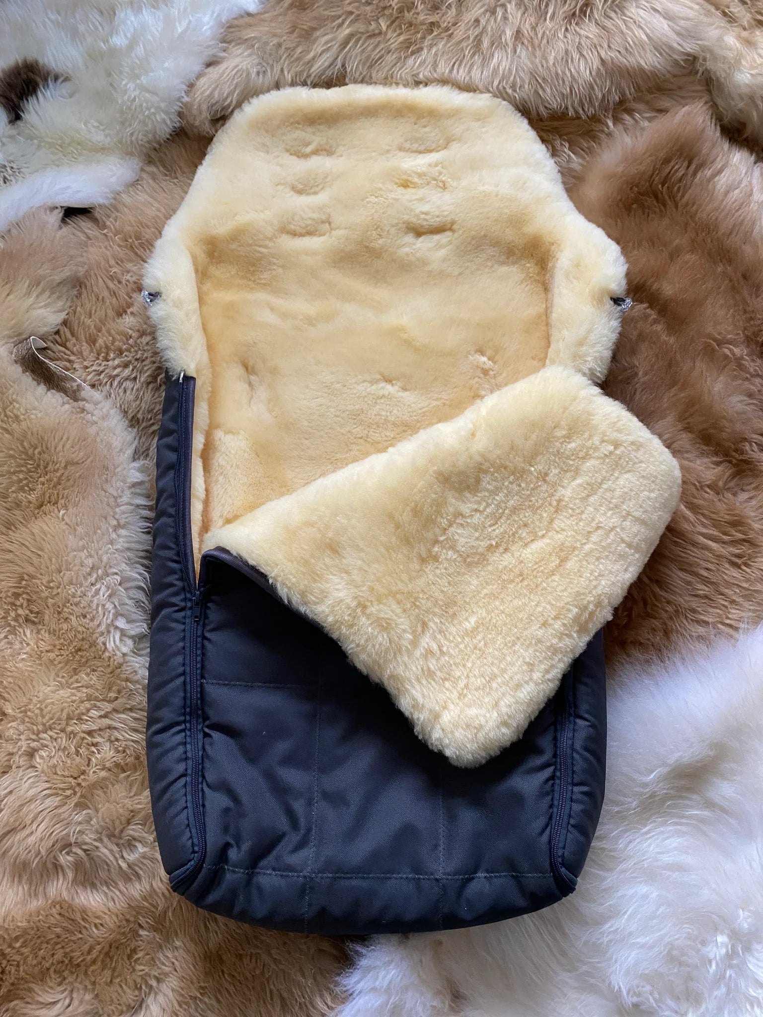 Inside-view of medical sheepskin baby toddler sleeping bag