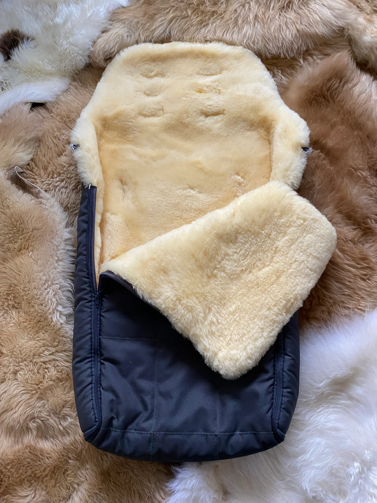 Inside-view of medical sheepskin baby toddler sleeping bag