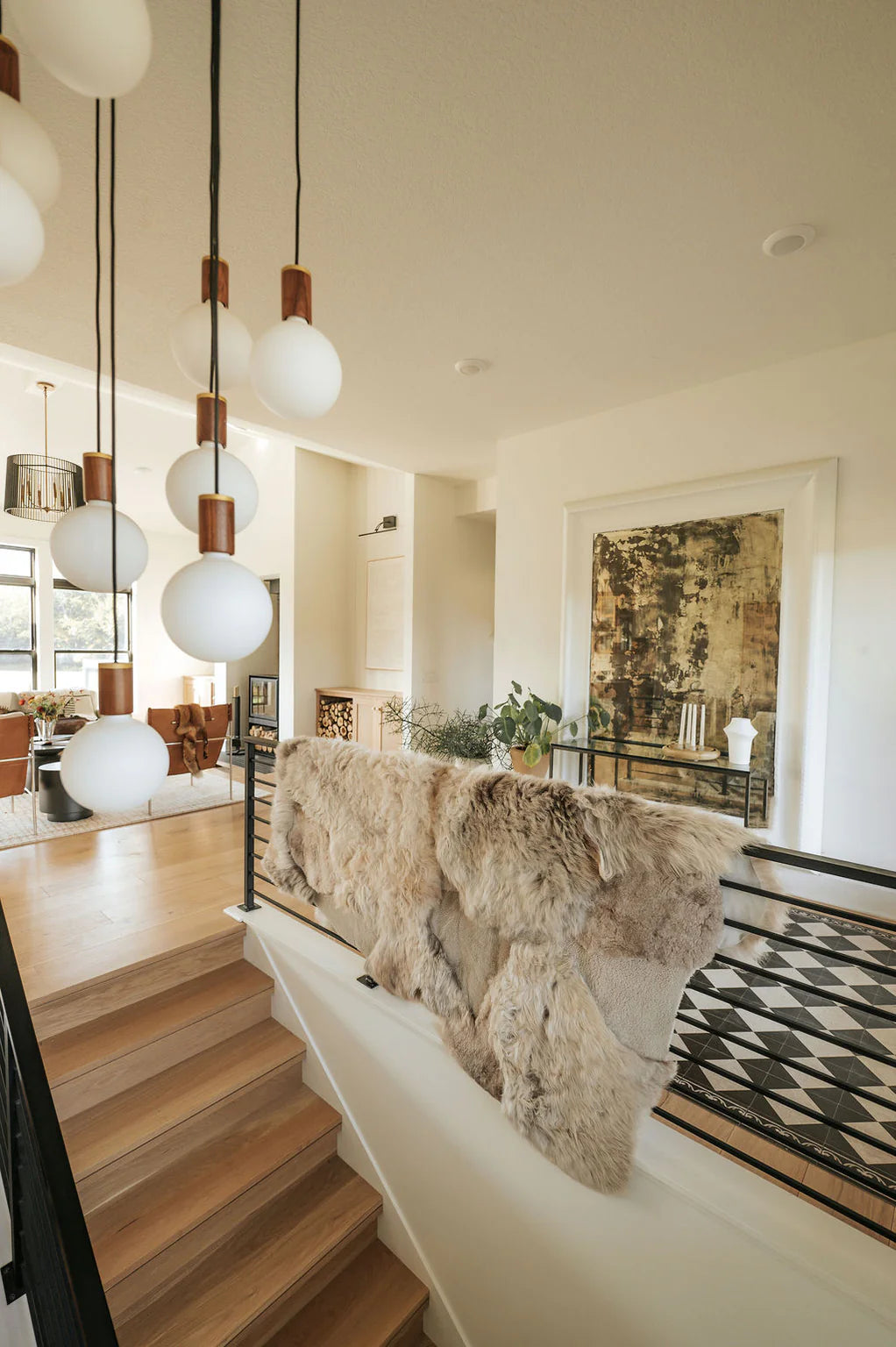 Modern interior with mixed textured sheepskin rug