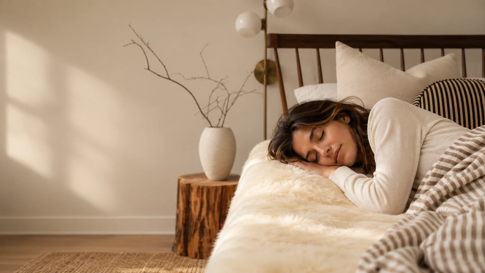 Sheepskin mattress topper on a bed for deeper sleep