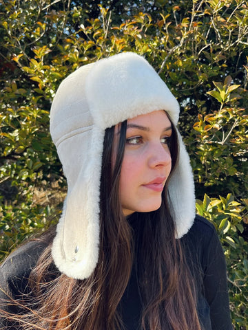 Sheepskin and Leather Pilot Hat in Cream