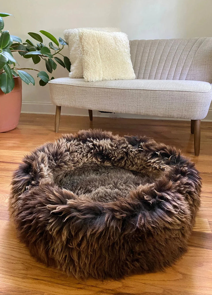Close-up of sheepskin dog beds