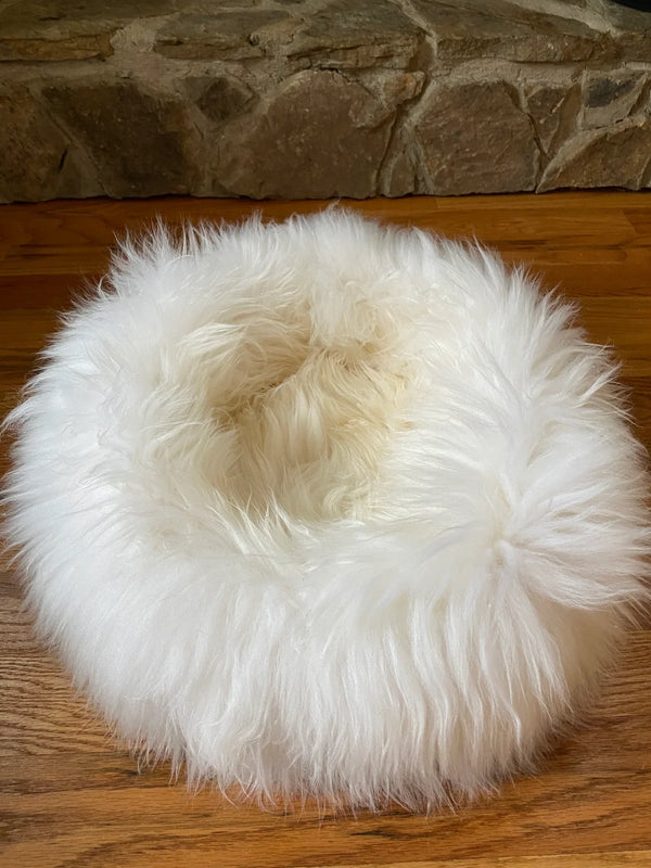 Close-up of sheepskin dog beds