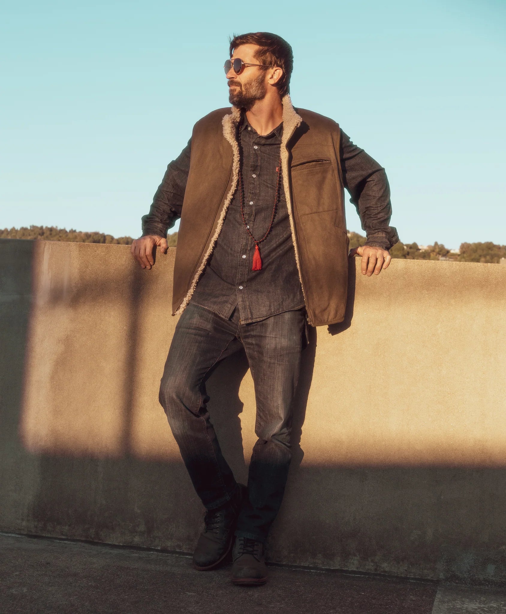Man wearing sheepskin mens vest