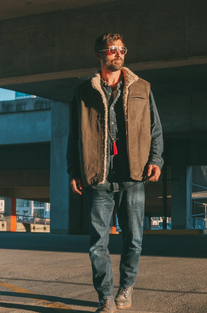 Man wearing sheepskin mens vest