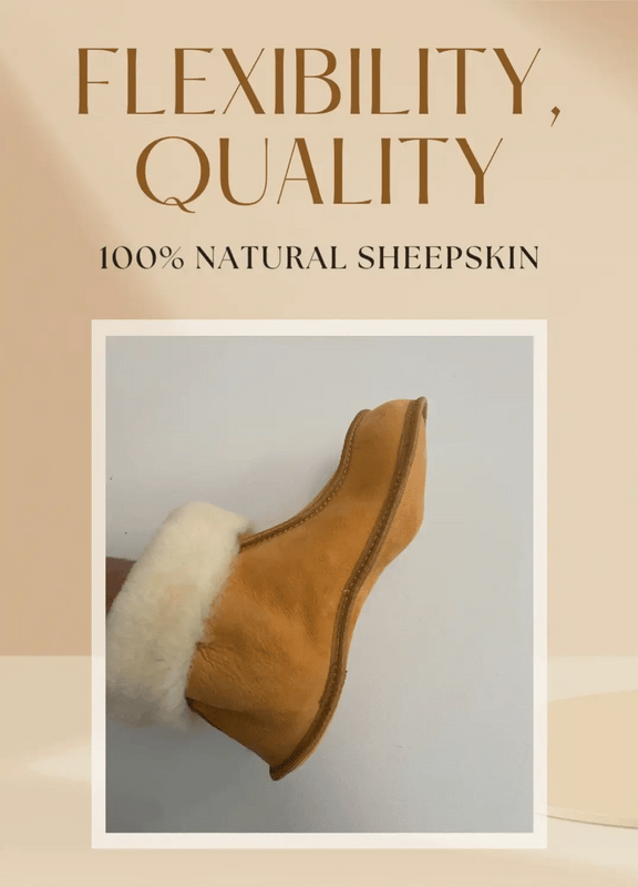 Close-up of the white sheepskin lining inside tan suede slippers
