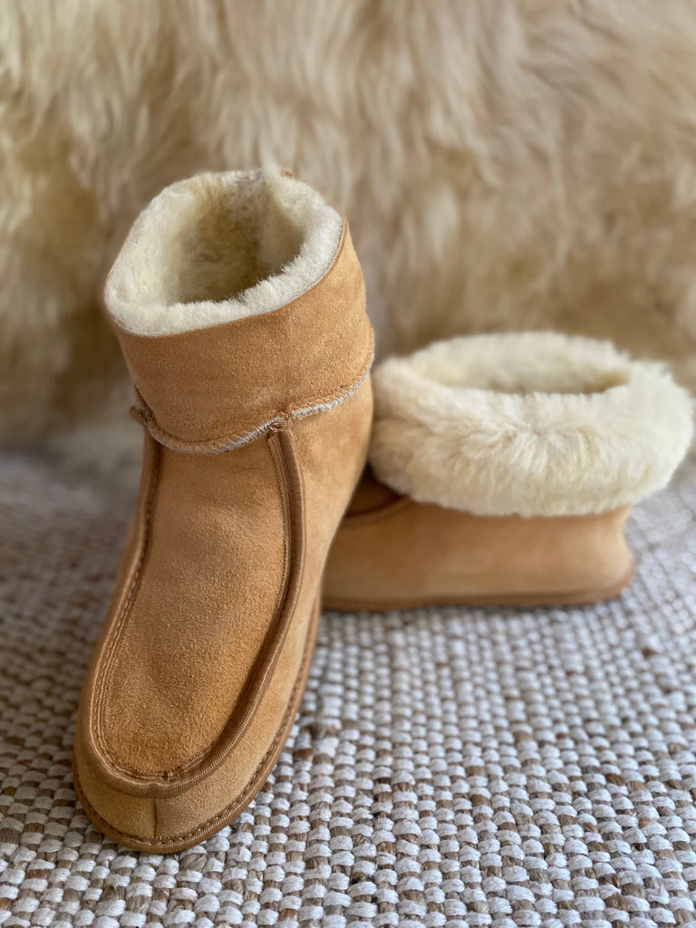 Top view of tan slippers with fluffy white lining