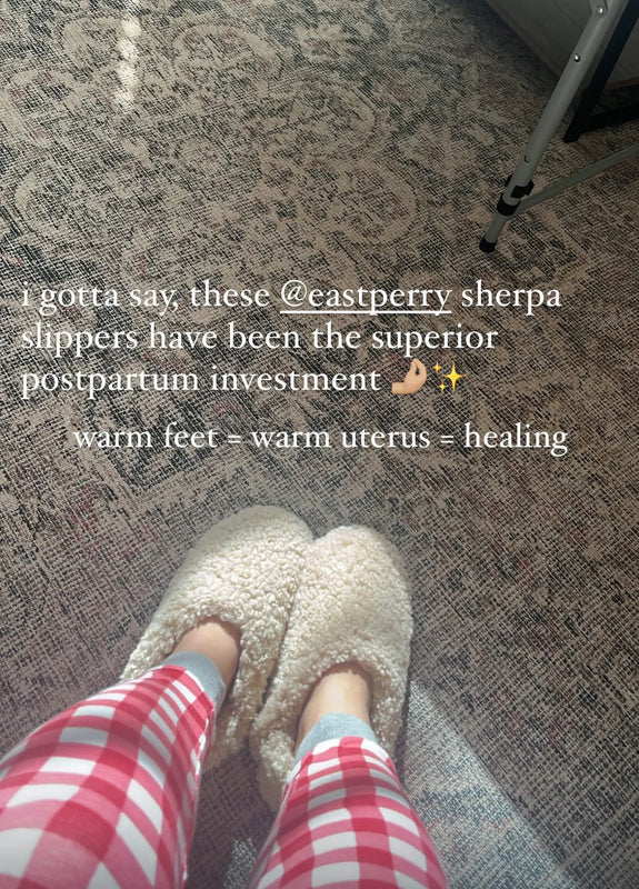 Person wearing the everyday slip on tan shearling sheepskin
