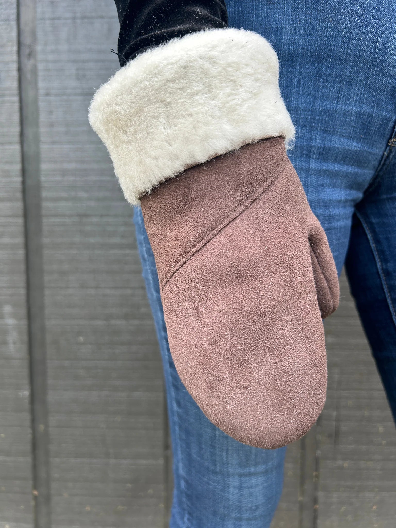 Close-up of the haven sheepskin mitten in walnut
