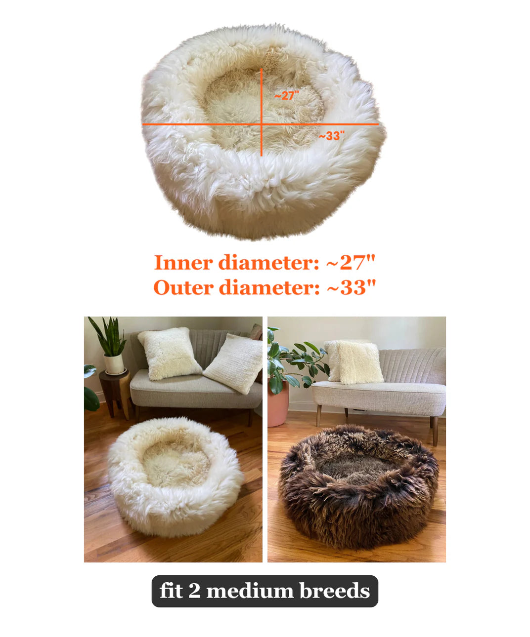 Fluffy pet bed with measurements 